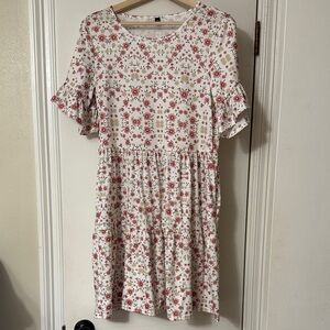 Floral Tiered Short Sleeve Dress - White with Pink Floral